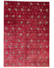 Tappeto Moderno 349x248 cm annodato a mano, rettangolare, fondo rosso con motivi decorativi stilizzati, realizzato in cotone e lana con colori vegetali.