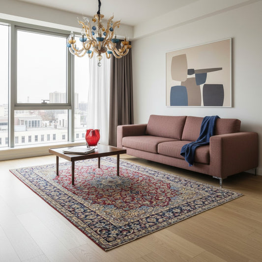 Tappeto persiano Najafabad 500x400 cm, fondo rosso con ampio medaglione centrale blu e cornice floreale scura, annodato a mano in lana vegetale.