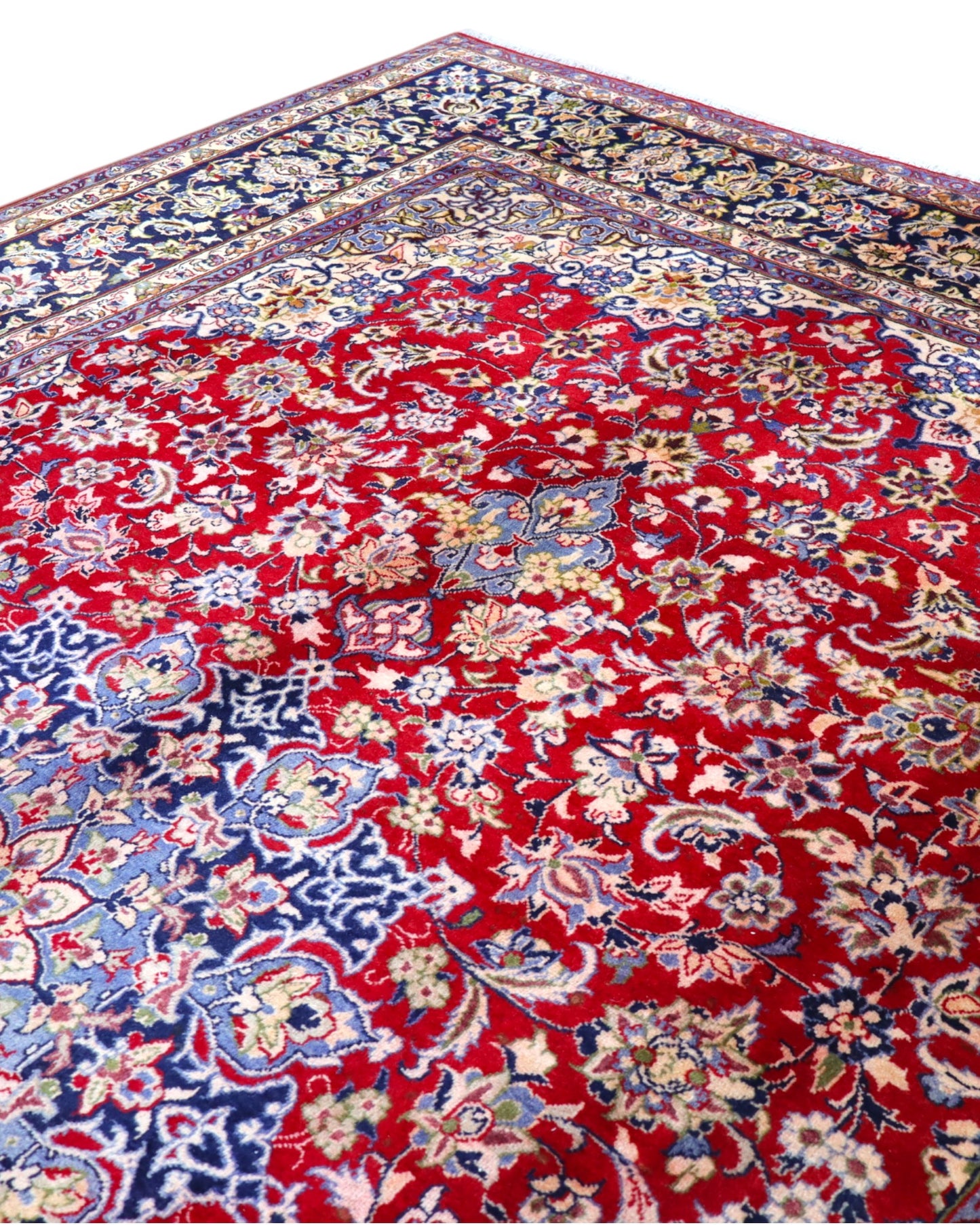 tappeto persiano Najafabad annodato a mano 400x213 cm rosso con medaglione centrale blu e motivi floreali