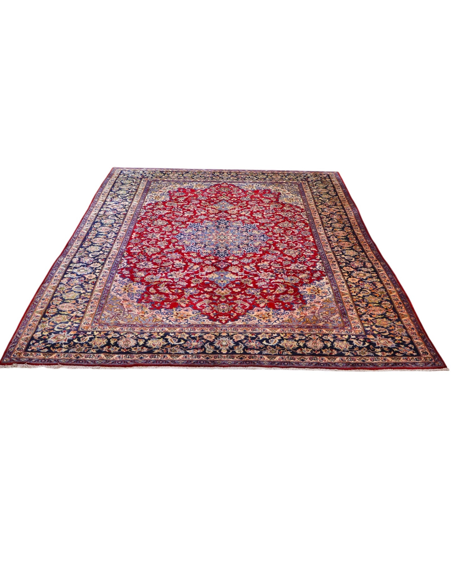 tappeto persiano Najafabad annodato a mano 400x213 cm rosso con medaglione centrale blu e motivi floreali