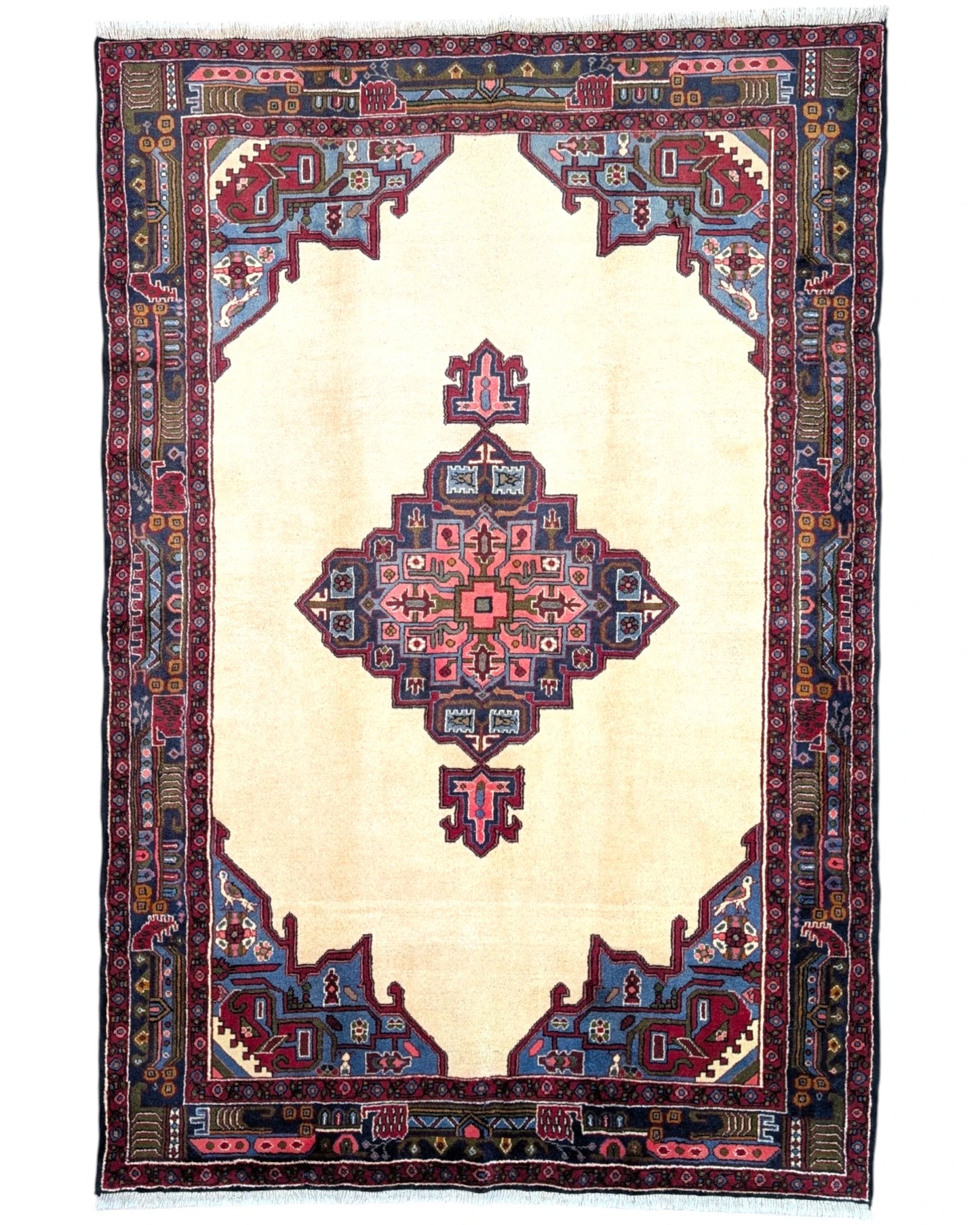 Tappeto Persiano Afshari 240x160 cm beige e blu geometrico per soggiorno elegante.