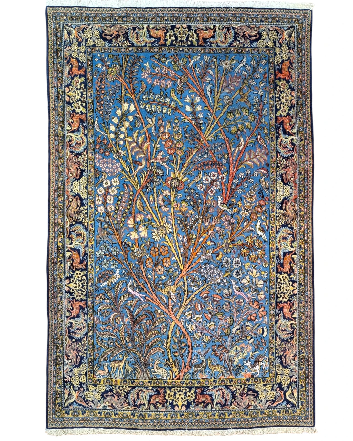 Tappeto Persiano Qom 281x180 cm blu floreale ideale per soggiorno elegante.
