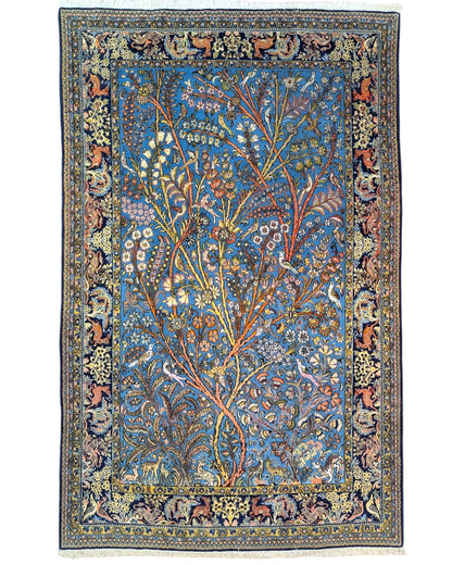 Tappeto Persiano Qom 281x180 cm blu floreale ideale per soggiorno elegante.