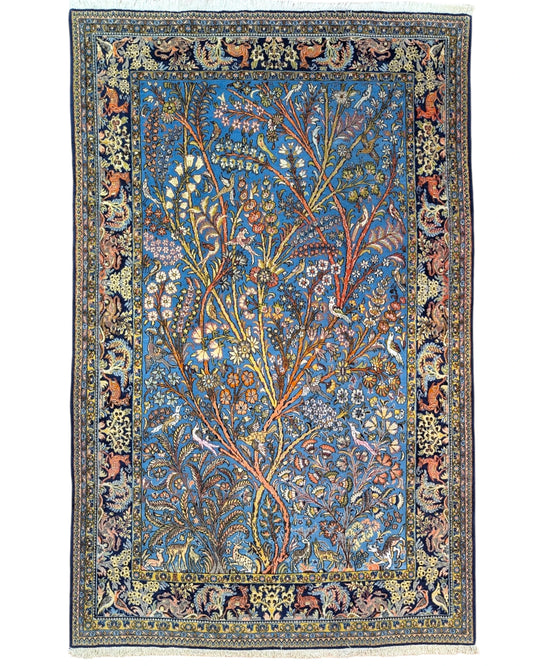 Tappeto Persiano Qom 281x180 cm blu floreale ideale per soggiorno elegante.
