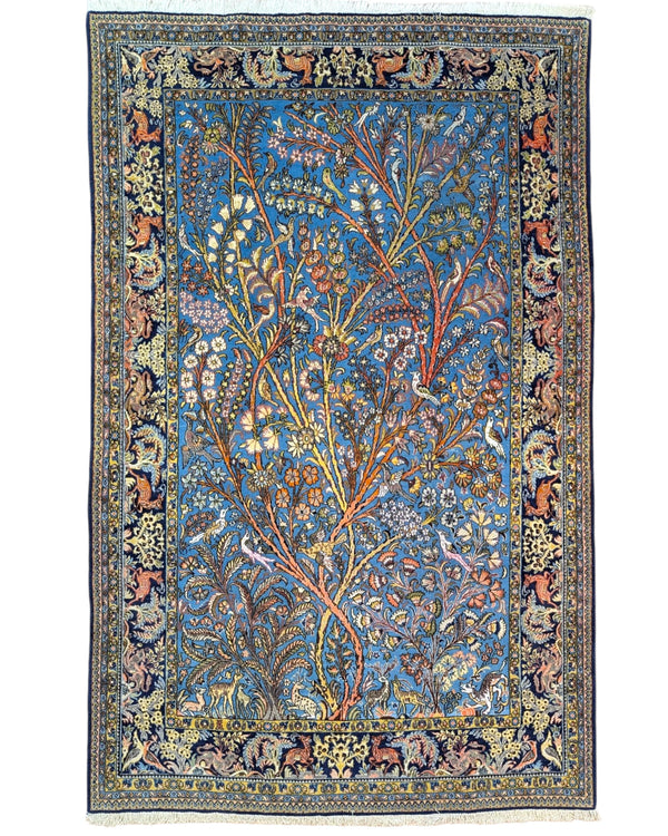 Tappeto Persiano Qom 281x180 cm blu floreale ideale per soggiorno elegante.
