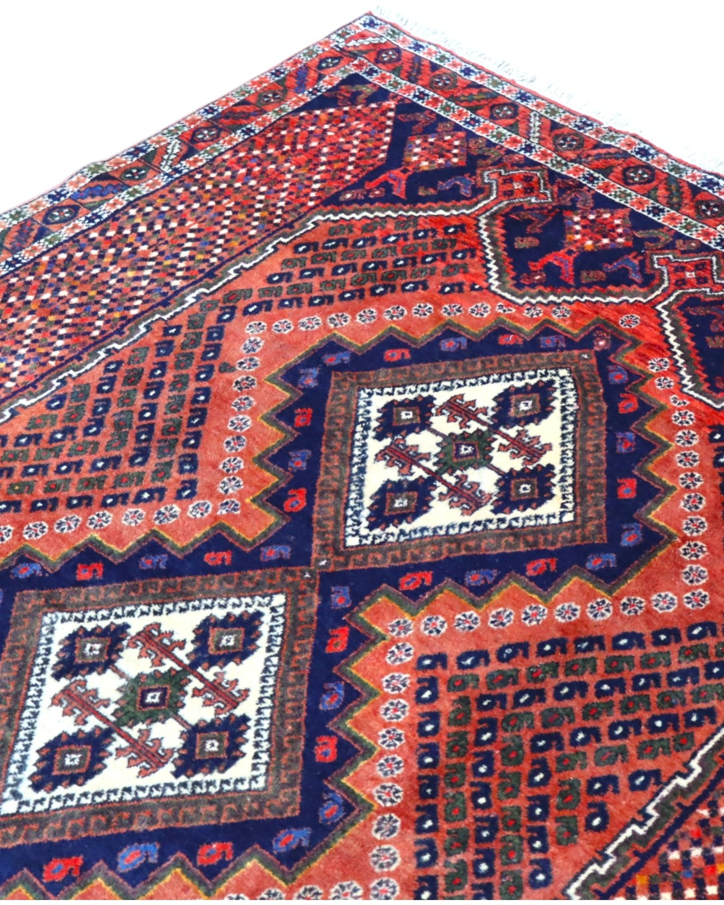 Tappeto Persiano Afshari 231x168 cm Rosso Terracotta e Blu Geometrico