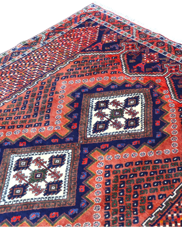 Tappeto Persiano Afshari 231x168 cm Rosso Terracotta e Blu Geometrico