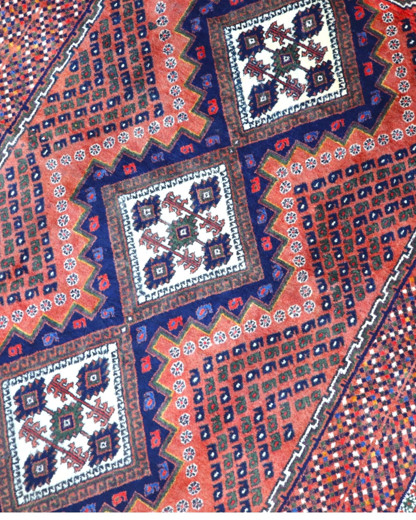 Tappeto Persiano Afshari 231x168 cm Rosso Terracotta e Blu Geometrico