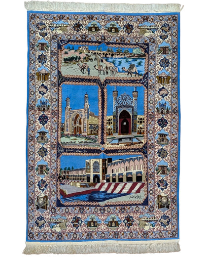 Tappeto persiano Isfahan 160x107 cm blu e beige in soggiorno elegante