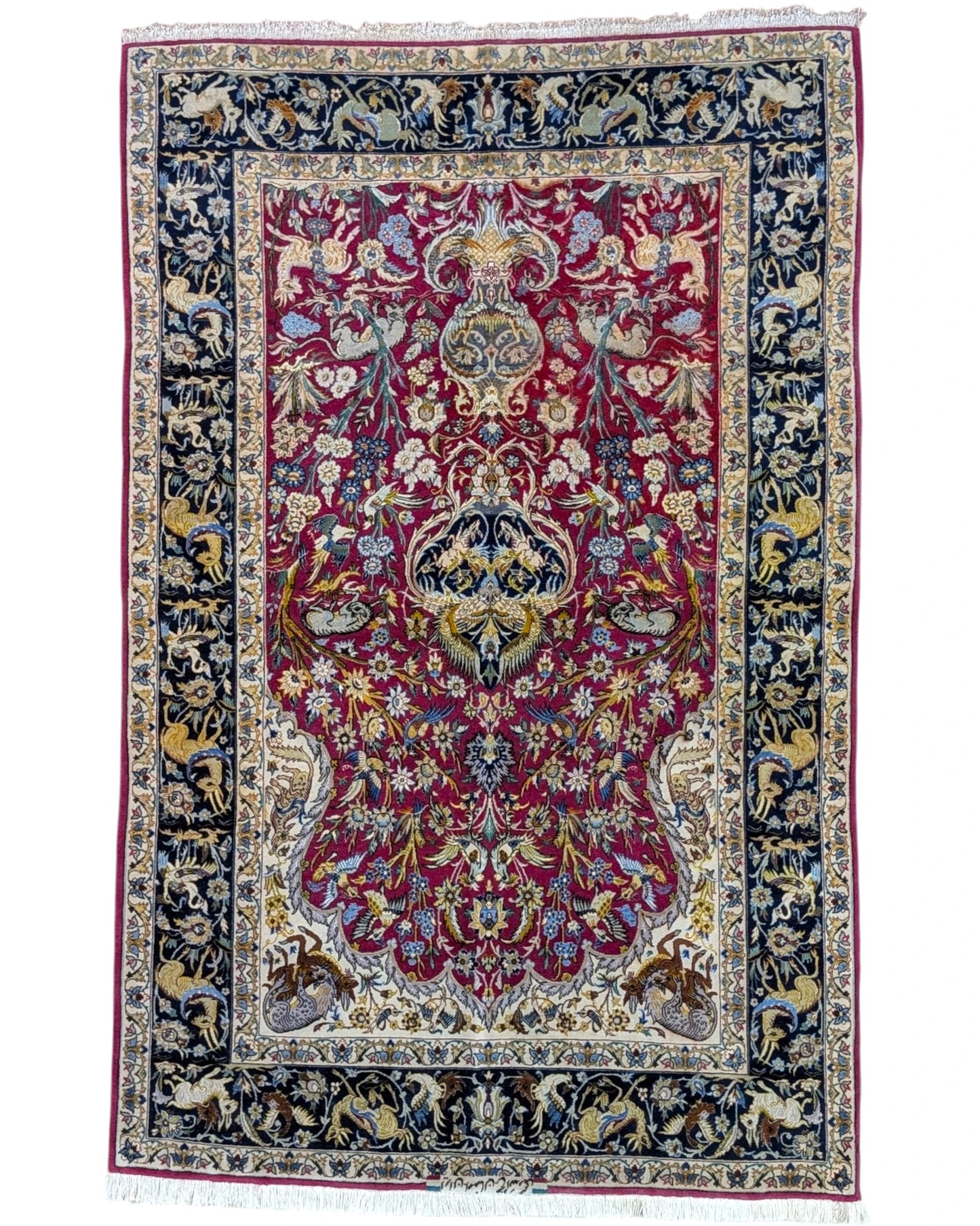 Tappeto persiano Isfahan 173x110cm rosso e blu in soggiorno elegante.
