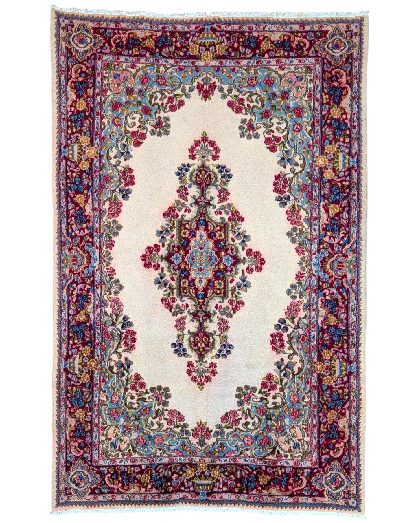 Tappeto Persiano Kirman 233x150 cm bianco e rosso, ideale per soggiorno elegante.