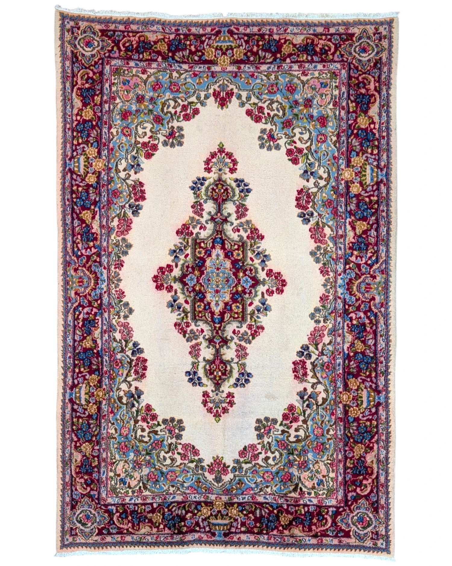 Tappeto Persiano Kirman 233x150 cm bianco e rosso, ideale per soggiorno elegante.