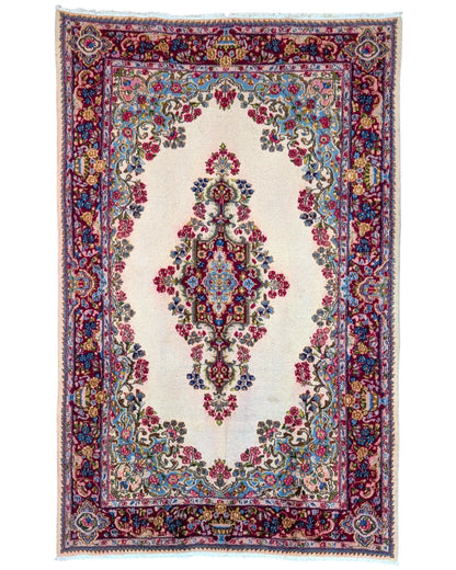 Tappeto Persiano Kirman 233x150 cm bianco e rosso, ideale per soggiorno elegante.