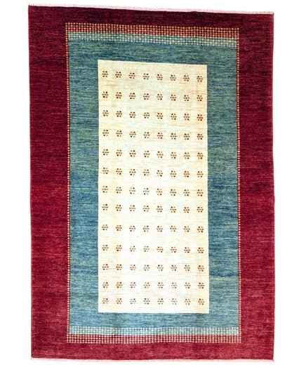 Tappeto 270x185 cm rosso blu e avorio con motivo geometrico per soggiorno elegante.