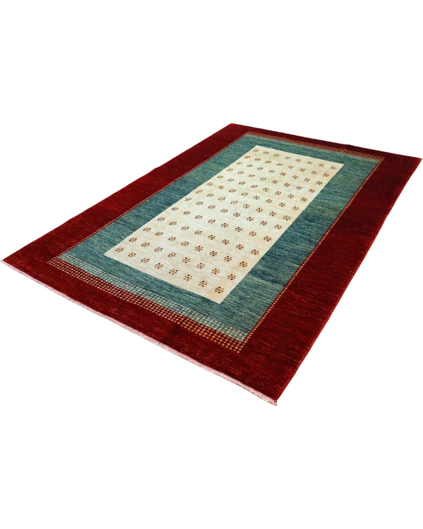 Tappeto 270x185 cm blu petrolio e avorio con cornice rossa per ingresso ampio.