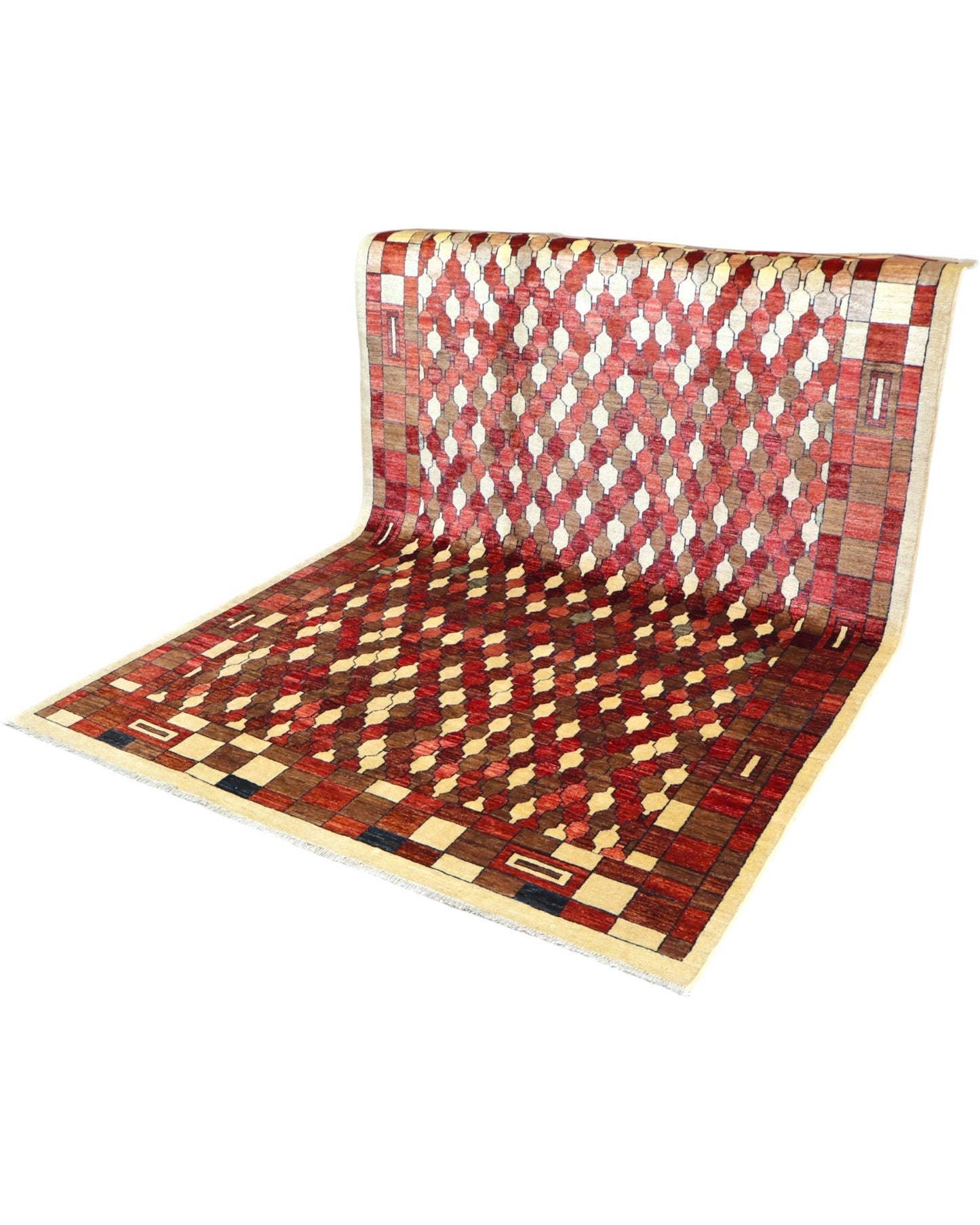 Tappeto 271x187 cm rosa antico e marrone con design reticolare per camera elegante.