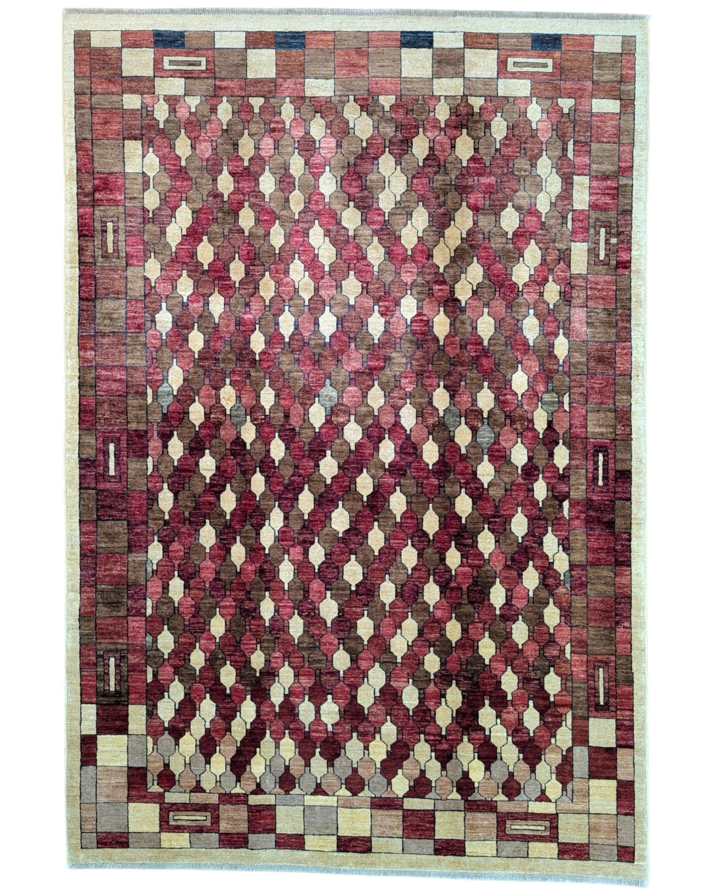 Tappeto 271x187 cm bordeaux e beige con motivo geometrico per soggiorno elegante.