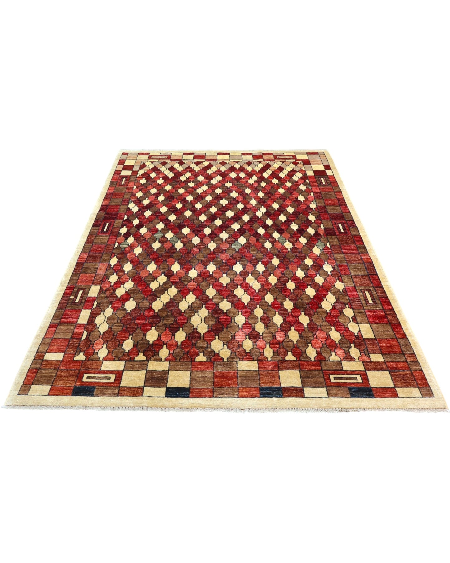 Tappeto elegante 271x187 cm beige e bordeaux per sala da pranzo moderna.