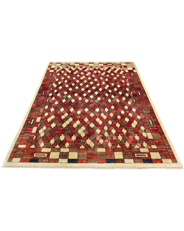 Tappeto elegante 271x187 cm beige e bordeaux per sala da pranzo moderna.