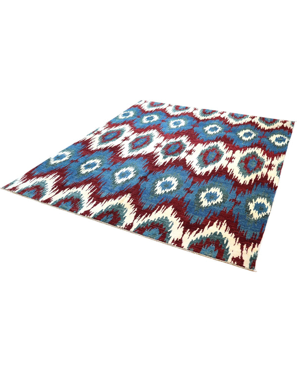 Tappeto elegante 283x232 cm bordeaux e blu con rombi stilizzati per grandi spazi.