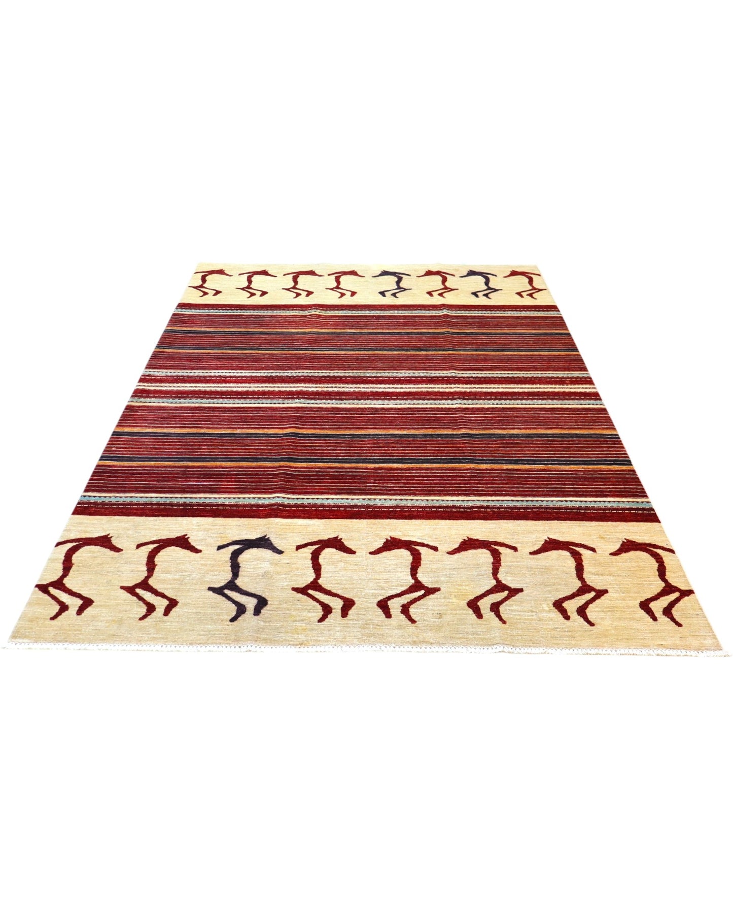 Tappeto per soggiorno 287x195 cm a righe bordeaux e crema in stile persiano moderno.