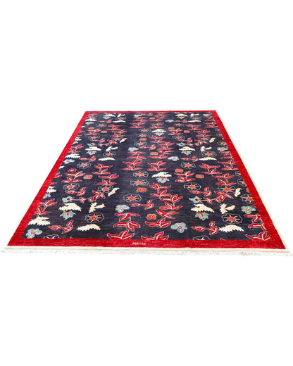 Tappeto Persiano Moderno 292x216 cm Blu Notte e Rosso Floreale