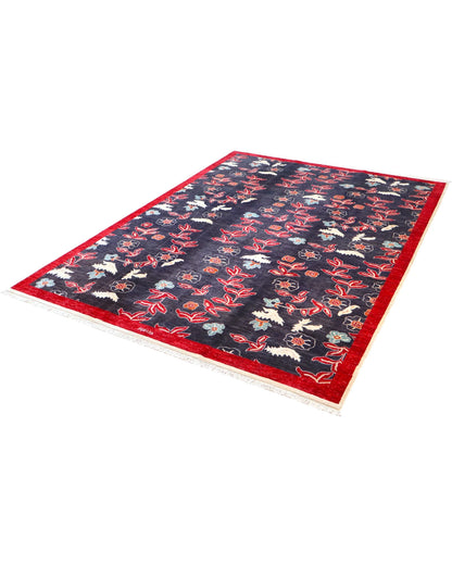 Tappeto Persiano Moderno 292x216 cm Blu Notte e Rosso Floreale