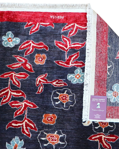 Tappeto Persiano Moderno 292x216 cm Blu Notte e Rosso Floreale