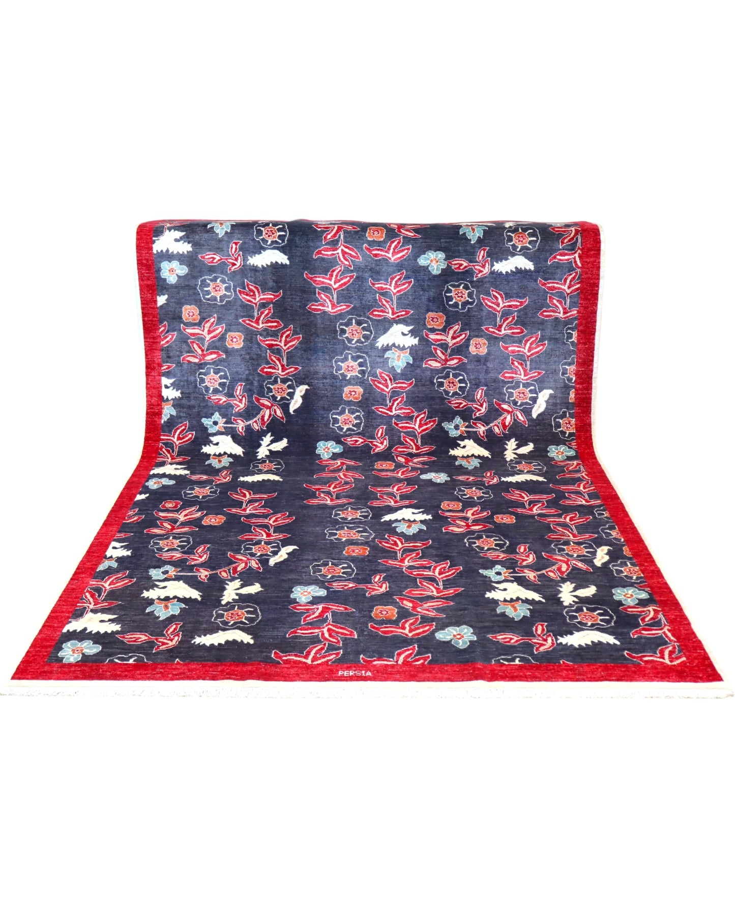 Tappeto persiano moderno 292x216 cm blu e bordeaux per camera raffinata.