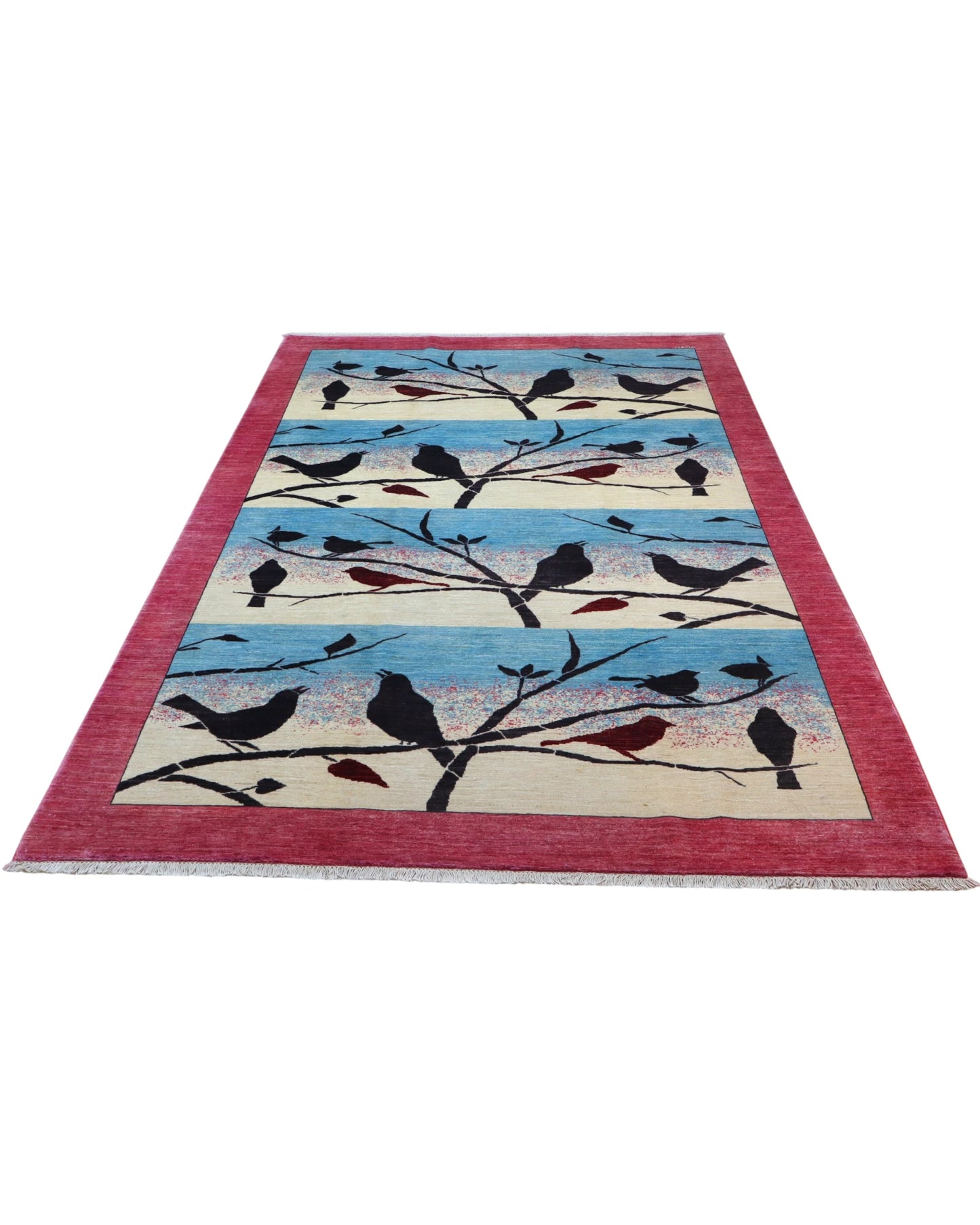 Tappeto Persiano Moderno 293x195 cm Rosa e Azzurro con Uccelli