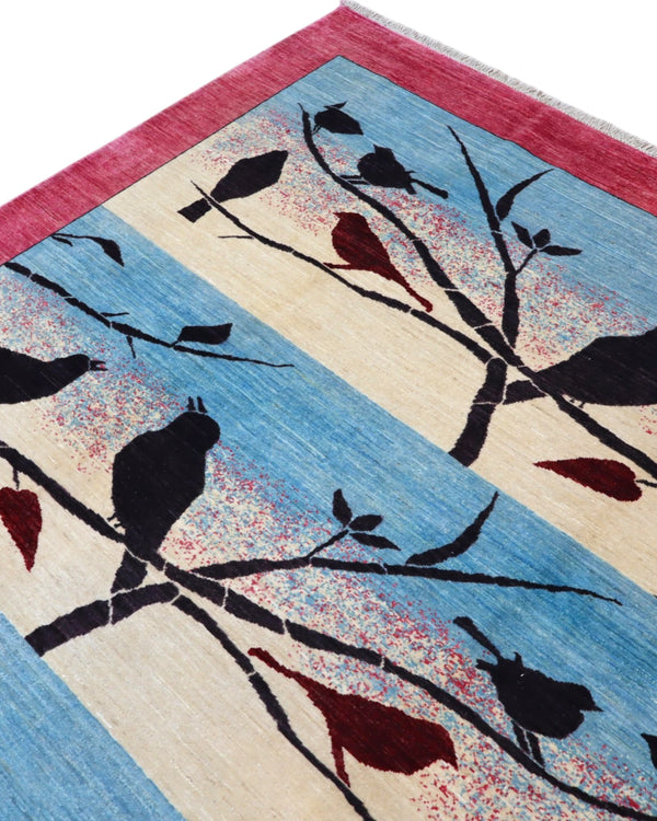 Tappeto Persiano Moderno 293x195 cm Rosa e Azzurro con Uccelli