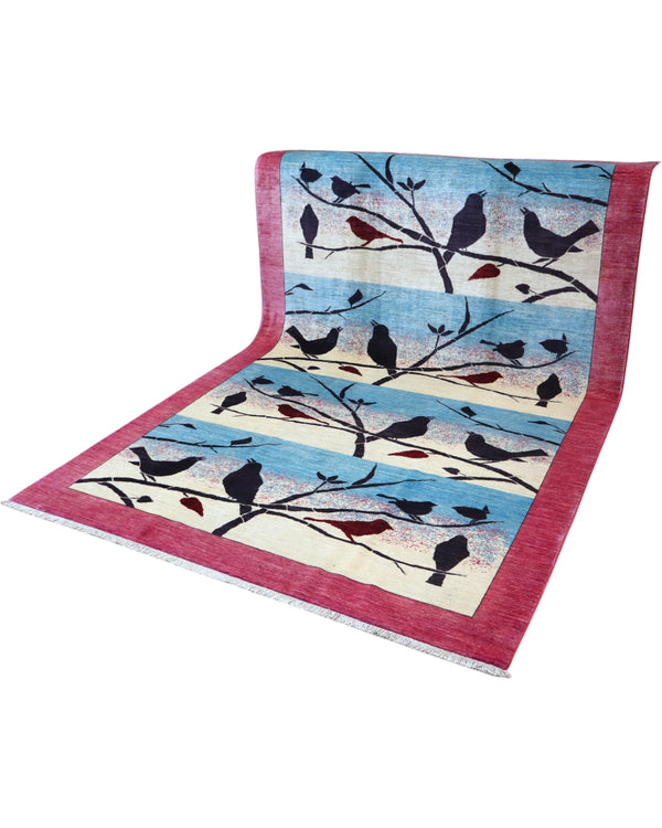 Tappeto Persiano Moderno 293x195 cm Rosa e Azzurro con Uccelli