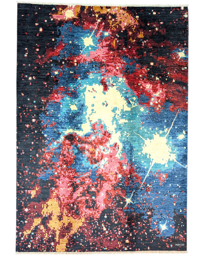 Tappeto 295x207 cm nero blu e rosso con motivo astratto per soggiorno elegante.