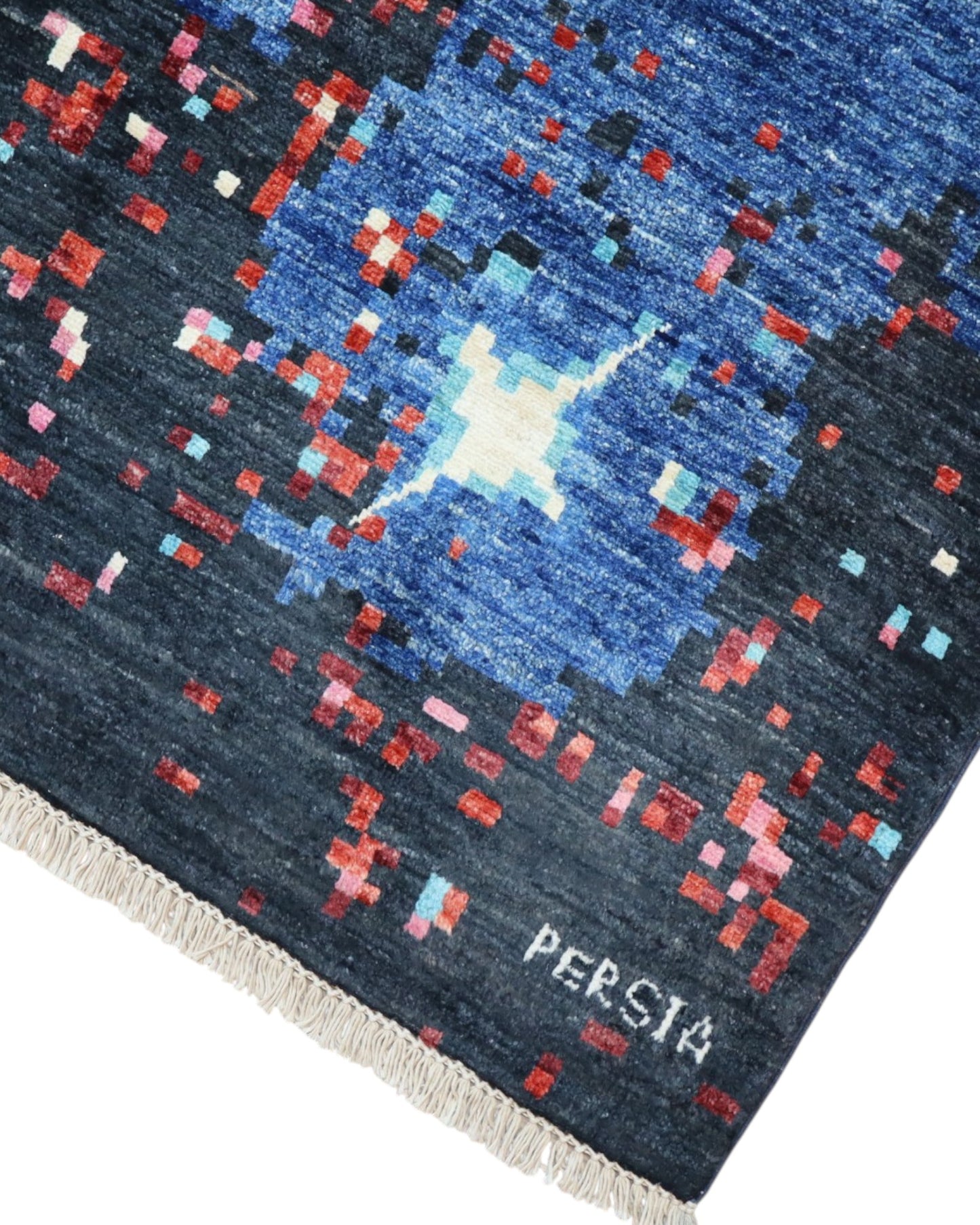 Tappeto in lana 295x207 cm con sfumature blu e oro per studio elegante.