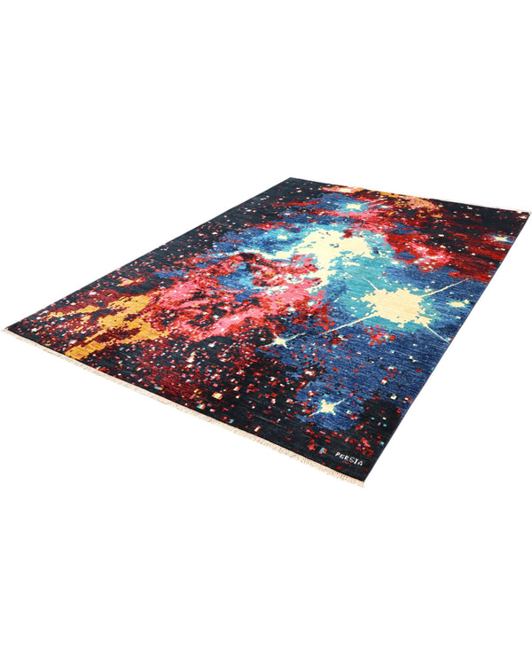 Tappeto per soggiorno 295x207 cm nero blu e rosso in stile persiano moderno.