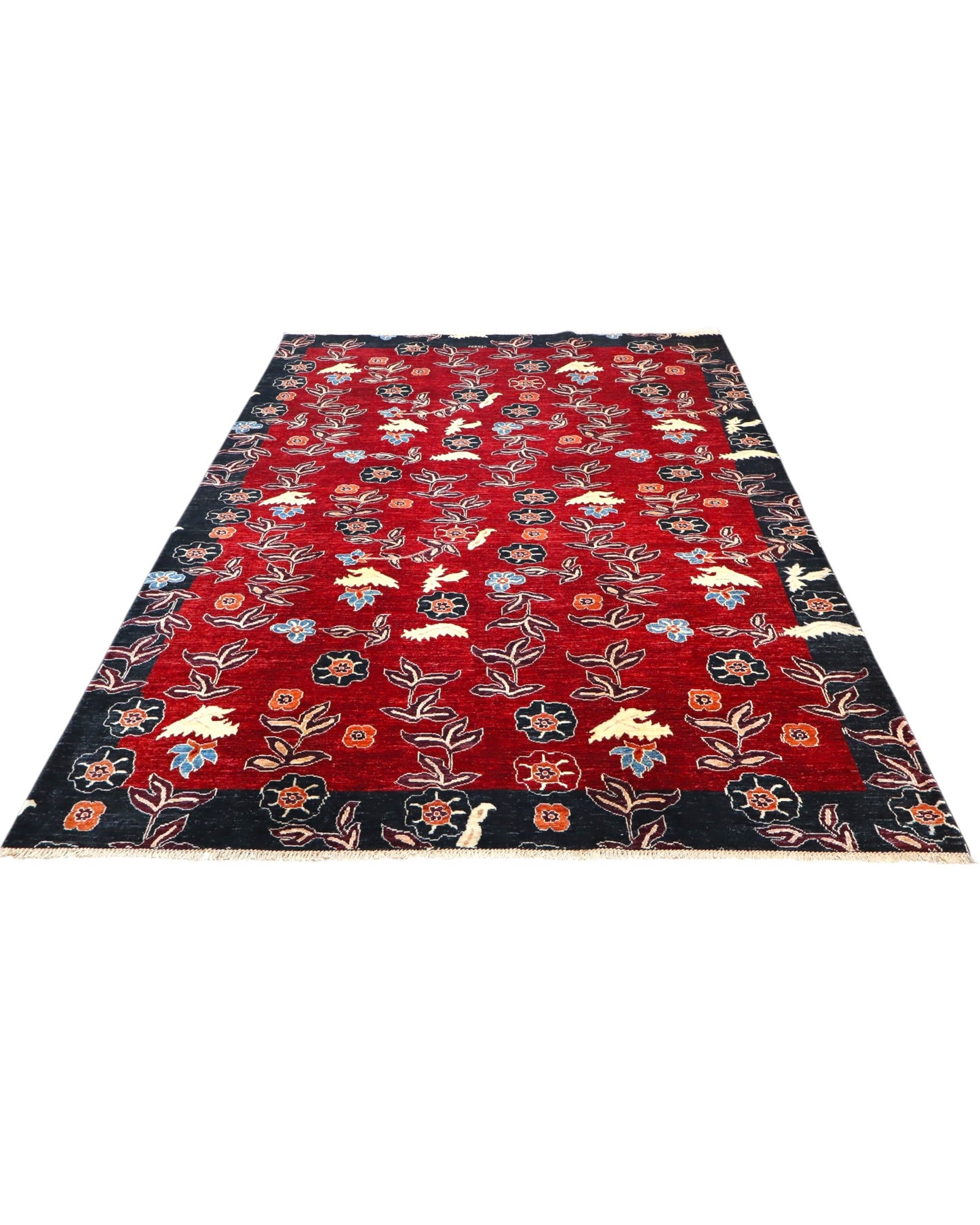 Tappeto 296x204 cm blu notte e rosa con decori floreali per sala da pranzo.