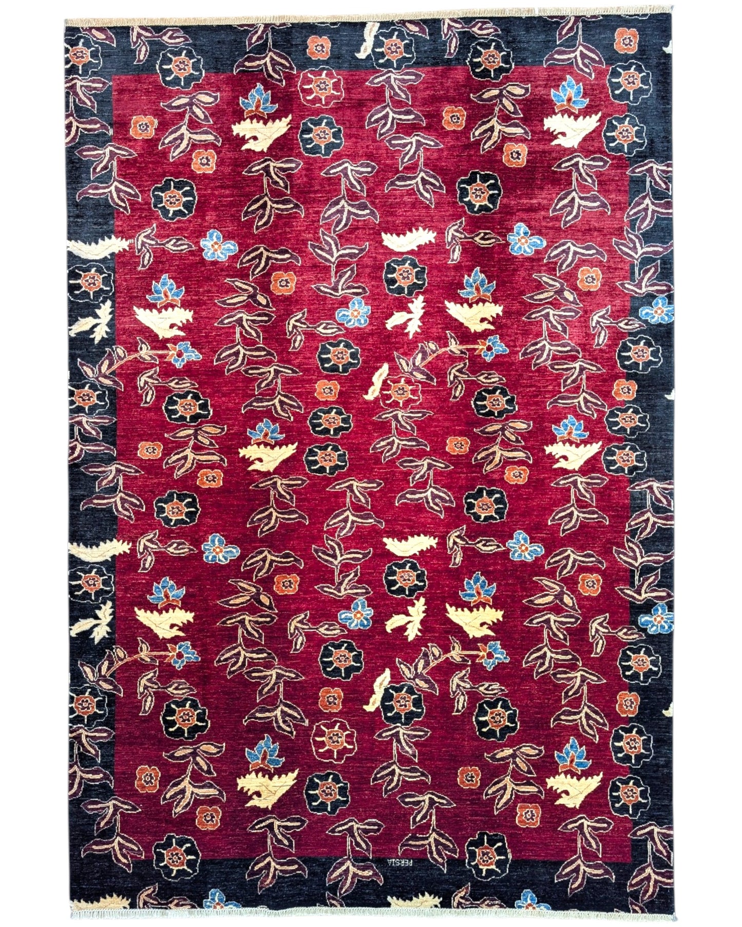 Tappeto 296x204 cm fucsia e blu con motivo floreale per soggiorno elegante.