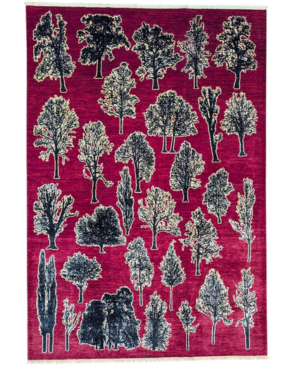 Tappeto 297x205 cm fucsia con alberi stilizzati per soggiorno elegante.