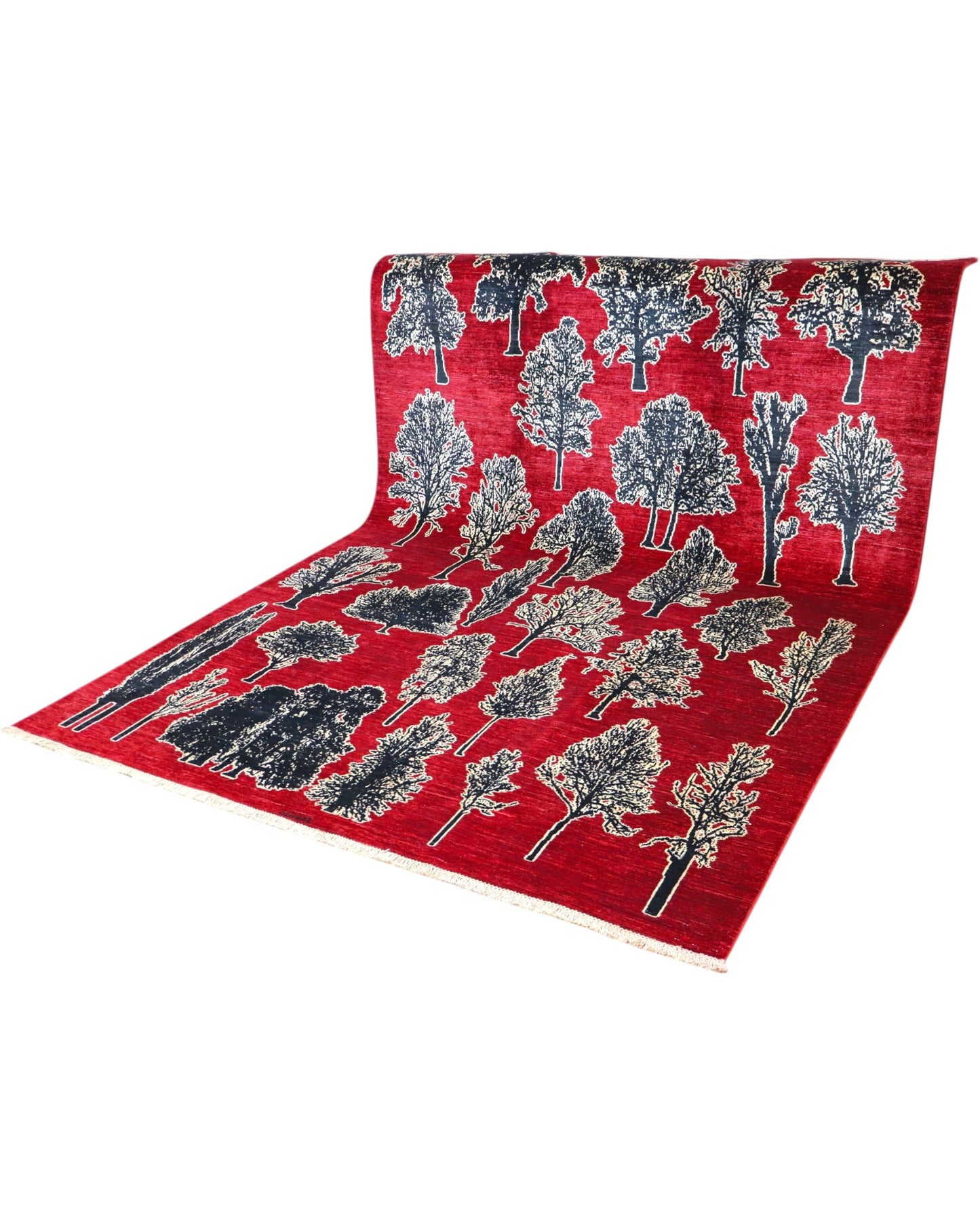 Tappeto 297x205 cm in lana fucsia con motivo naturalistico per studio moderno.