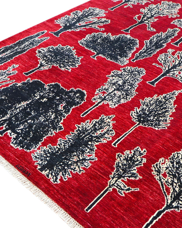 Tappeto 297x205 cm rosa scuro con design botanico per ambiente contemporaneo.