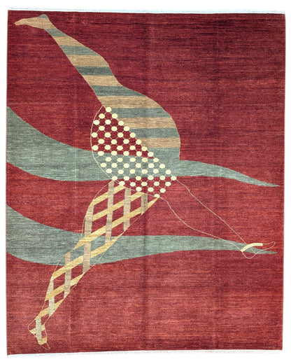 Tappeto 297x247 cm rosso terracotta con uccello stilizzato per soggiorno elegante.