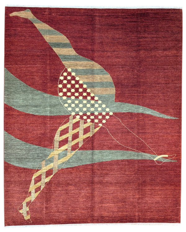 Tappeto 297x247 cm rosso terracotta con uccello stilizzato per soggiorno elegante.