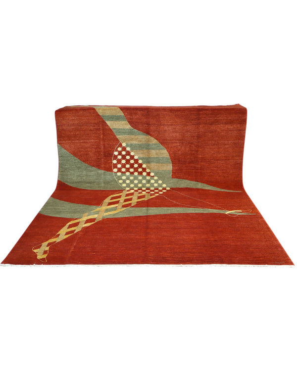 Tappeto persiano moderno 297x247 cm rosso e verde salvia per zona living raffinata.