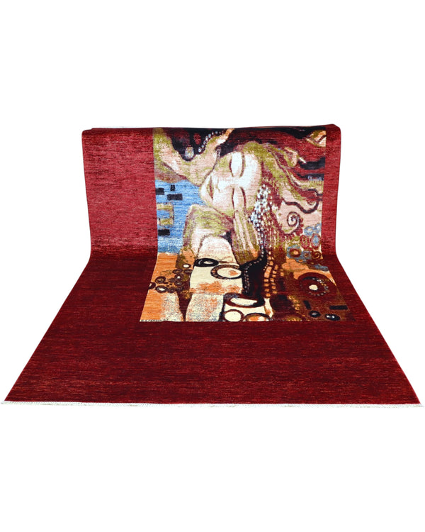 Tappeto 300x200 cm rosso bordeaux con motivo artistico per soggiorno elegante.