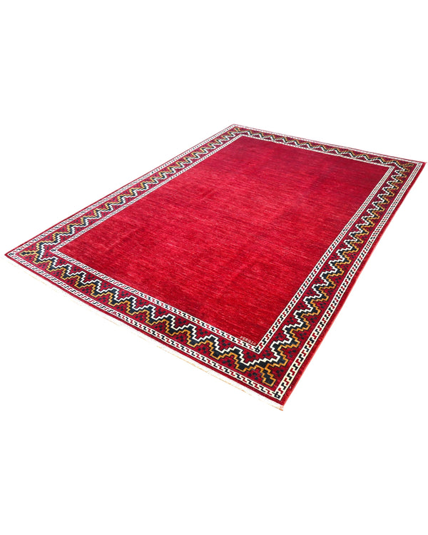 Tappeto elegante 300x200 cm rosso con cornice geometrica per grandi spazi.