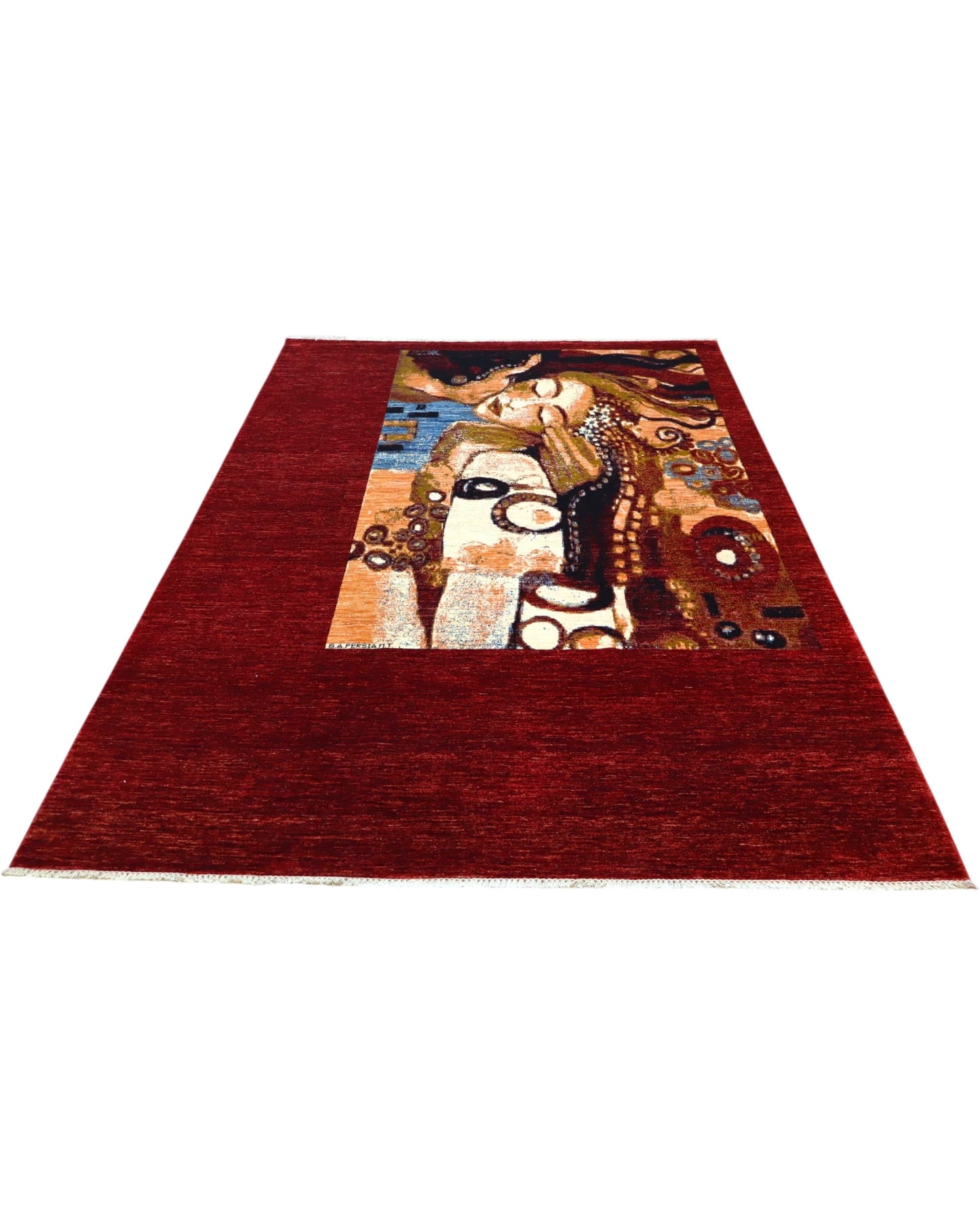 Tappeto 300x200 cm in lana rosso bordeaux con pannello centrale per studio elegante.