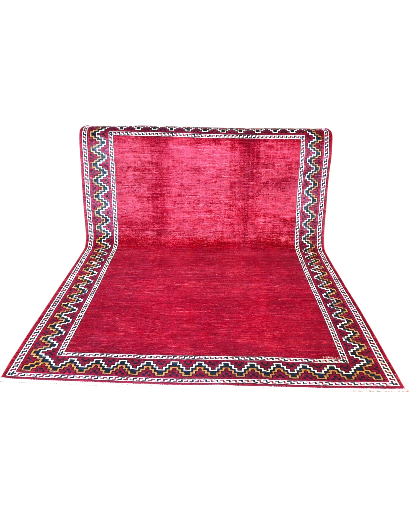 Tappeto 300x200 cm rosso con bordo geometrico per soggiorno elegante.