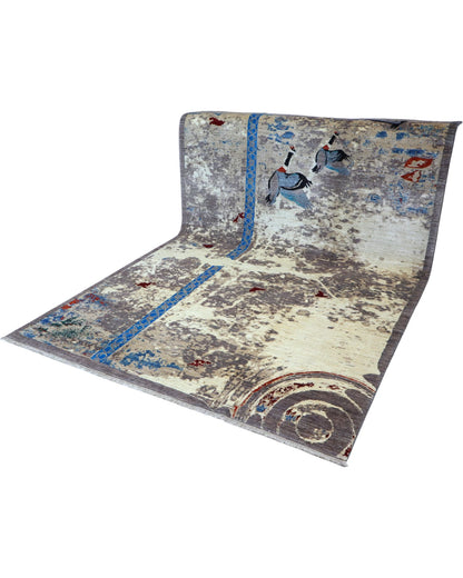 Tappeto 300x204 cm in lana con dettagli blu e rossi per camera raffinata.