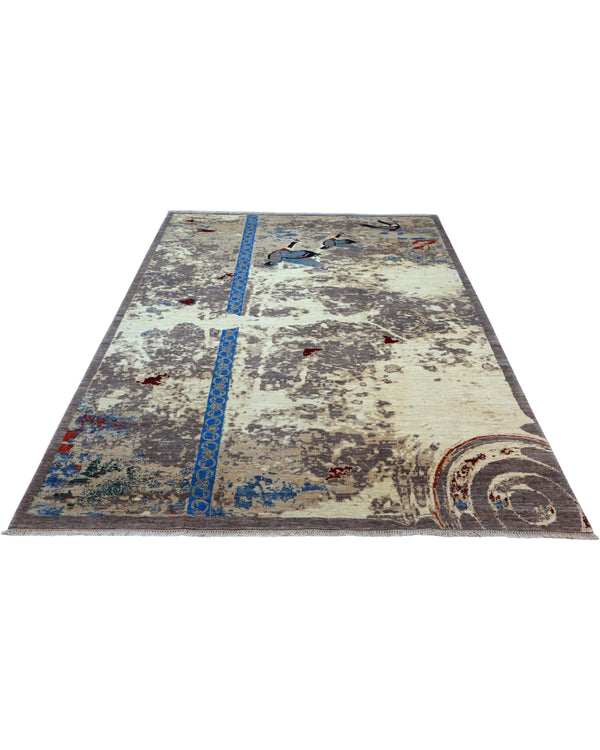 Tappeto per soggiorno 300x204 cm beige grigio e blu in stile moderno persiano.