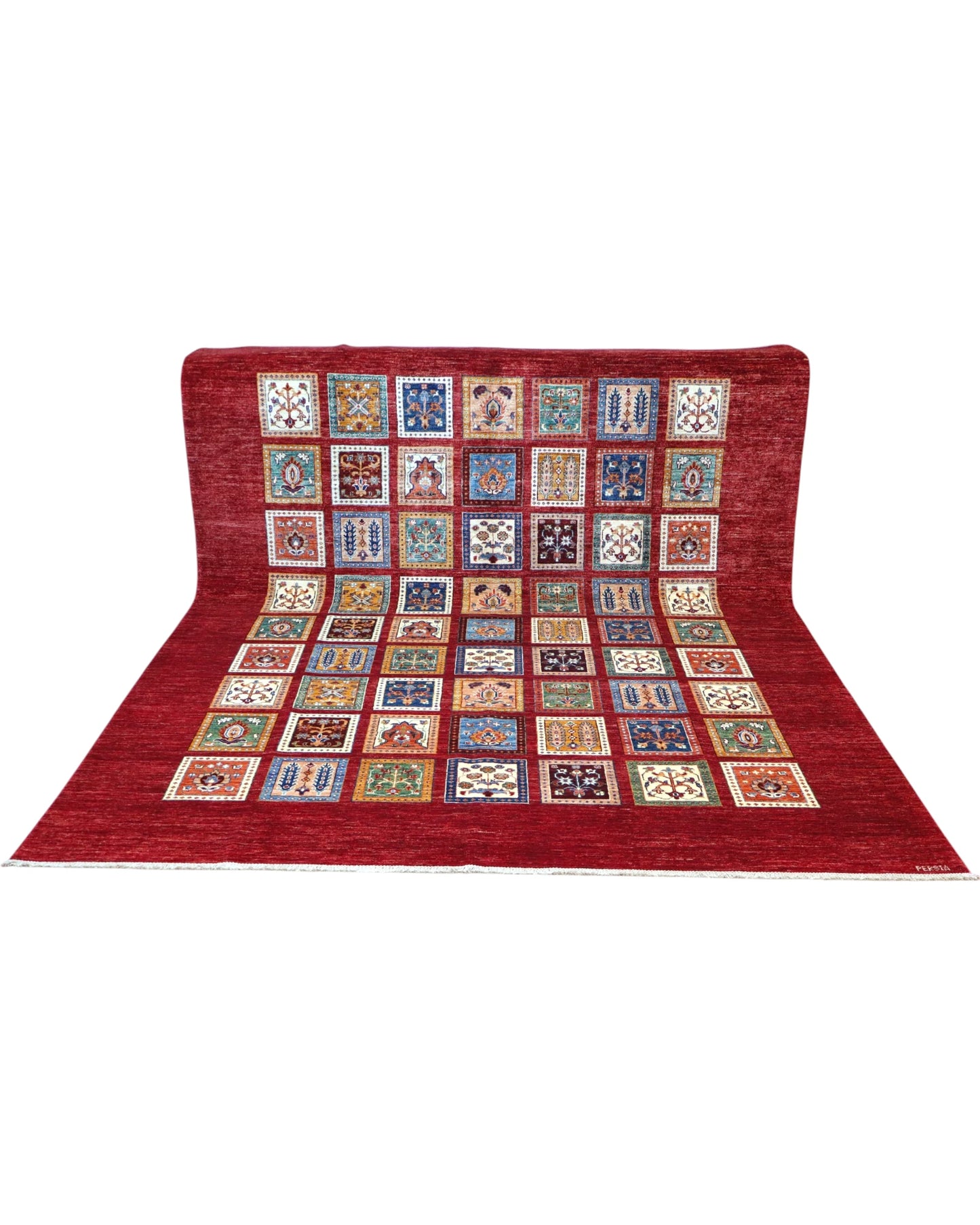 Tappeto 300x245 cm rosso multicolore con motivo patchwork per soggiorno elegante.